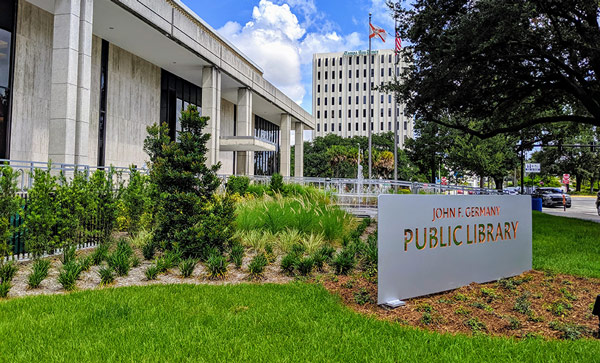 Landscaping and signage in front of John F. Germany Public Library