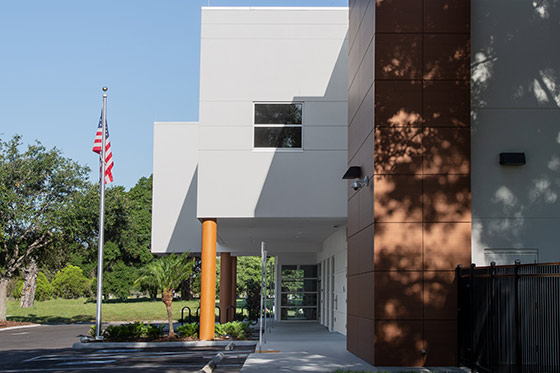 Exterior side view with American flag