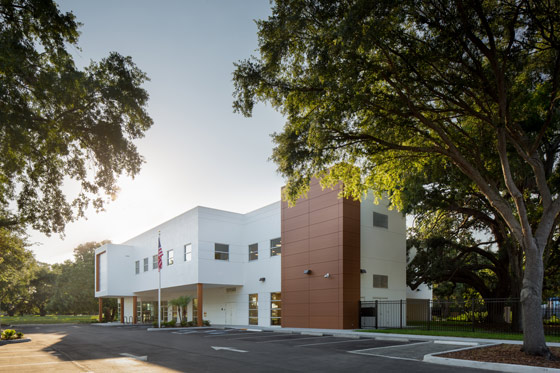 Wide view of library exterior